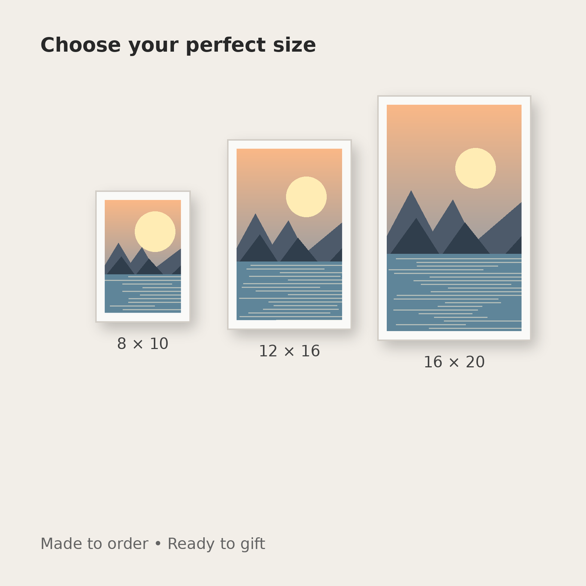 Three available sizes for a personalized framed photo print